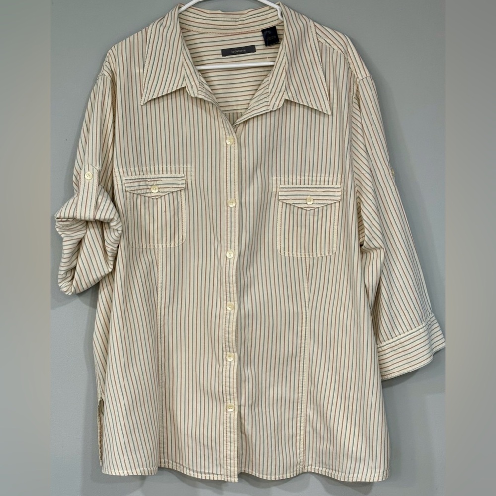 LIZ CLAIBORNE Ivory Blue Peach Striped Seersucker Convertible Button Down Blouse